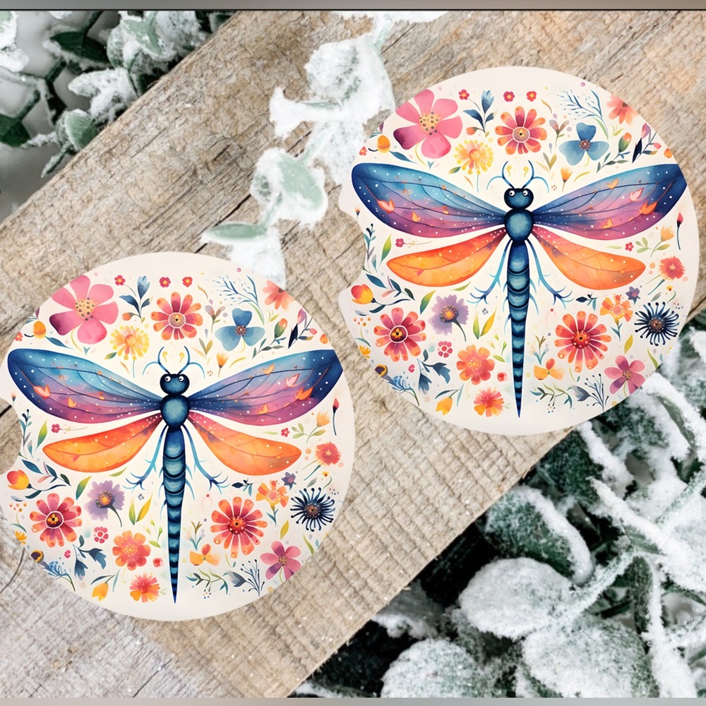 Handmade Floral Dragonfly Car Coasters | New Set Of Two Car Coasters